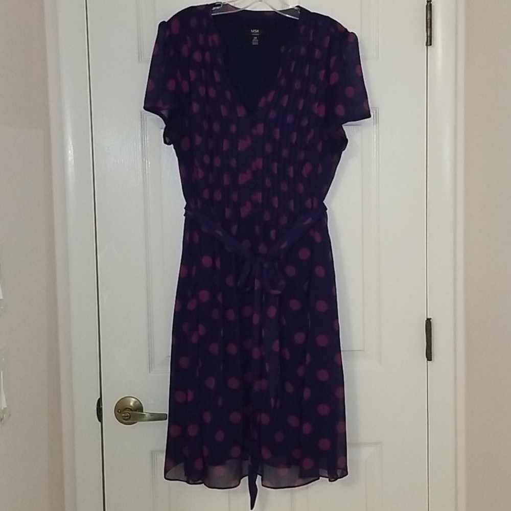 Navy dress with pink polka dots